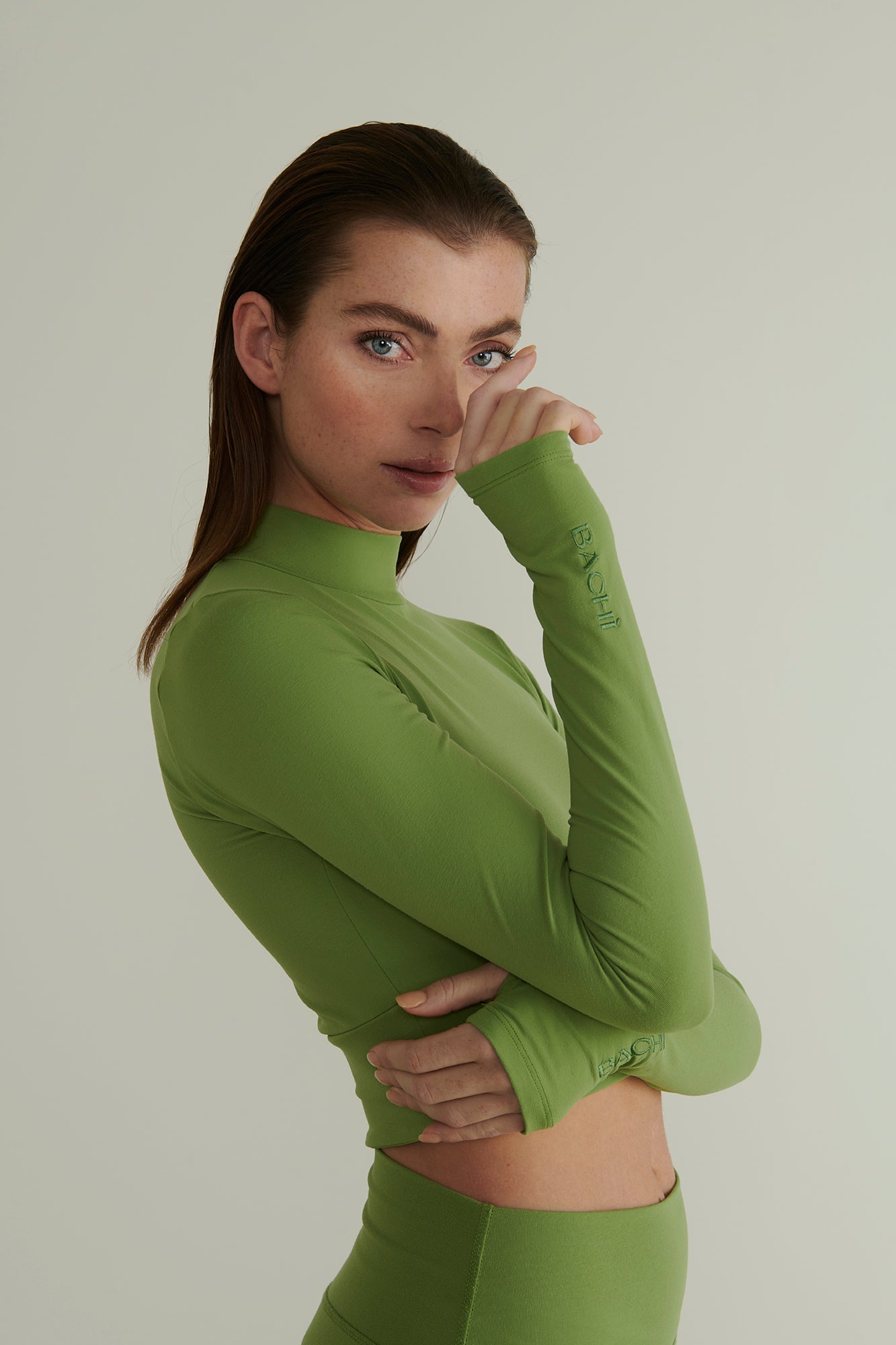 Model Wearing BACHÌ Green B Sleeve 